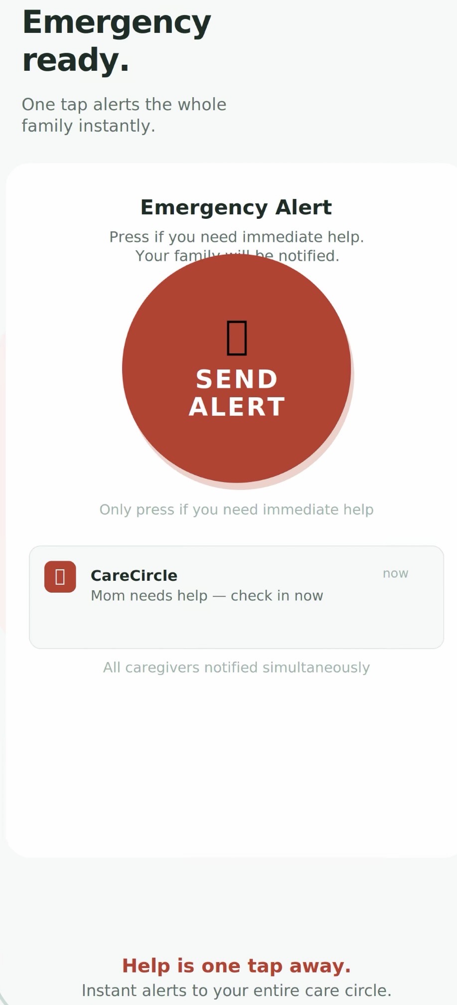 Emergency alert screen with a large Send Alert button that notifies all caregivers instantly